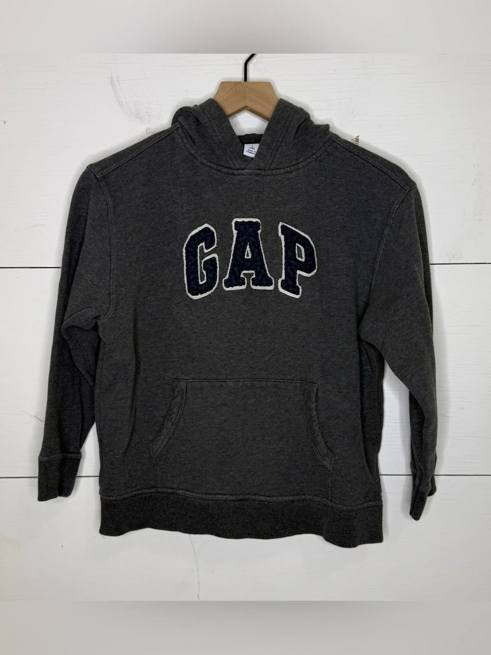 GAP • Youth Dark Charcoal Hoodie with Navy Lettering Size Large 10